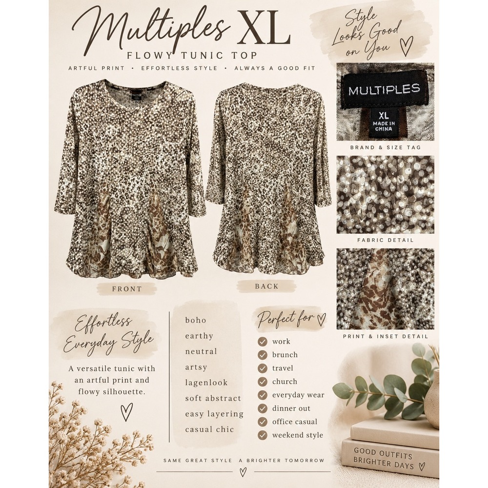 Multiples XL Brown White Abstract Dotted Print 3/4 Sleeve Blouse Mixed Media Hem